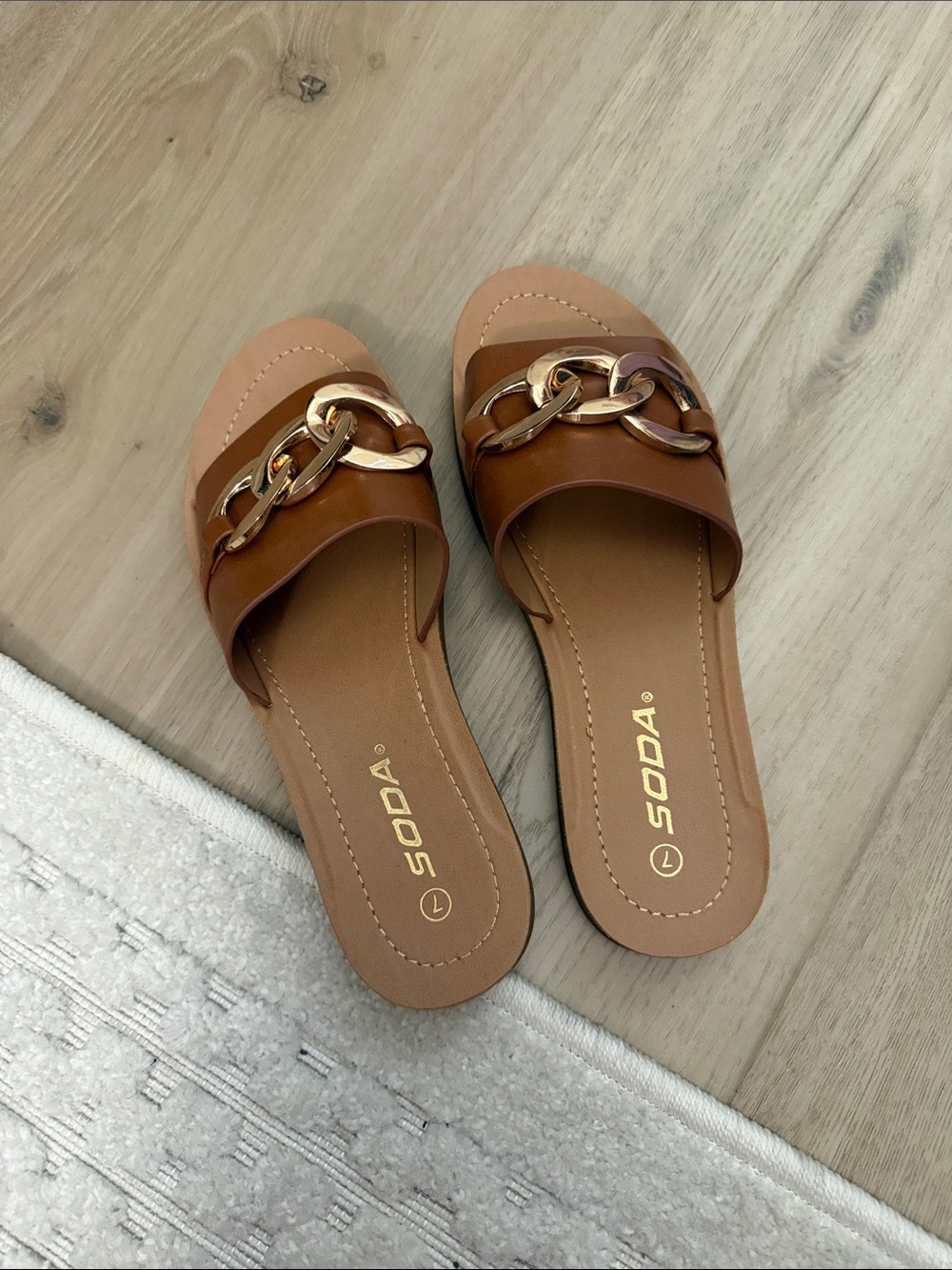 SODA Women’s Tan Slide Sandals with Gold Chain Accent